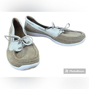 Clarks Tan and White Loafers